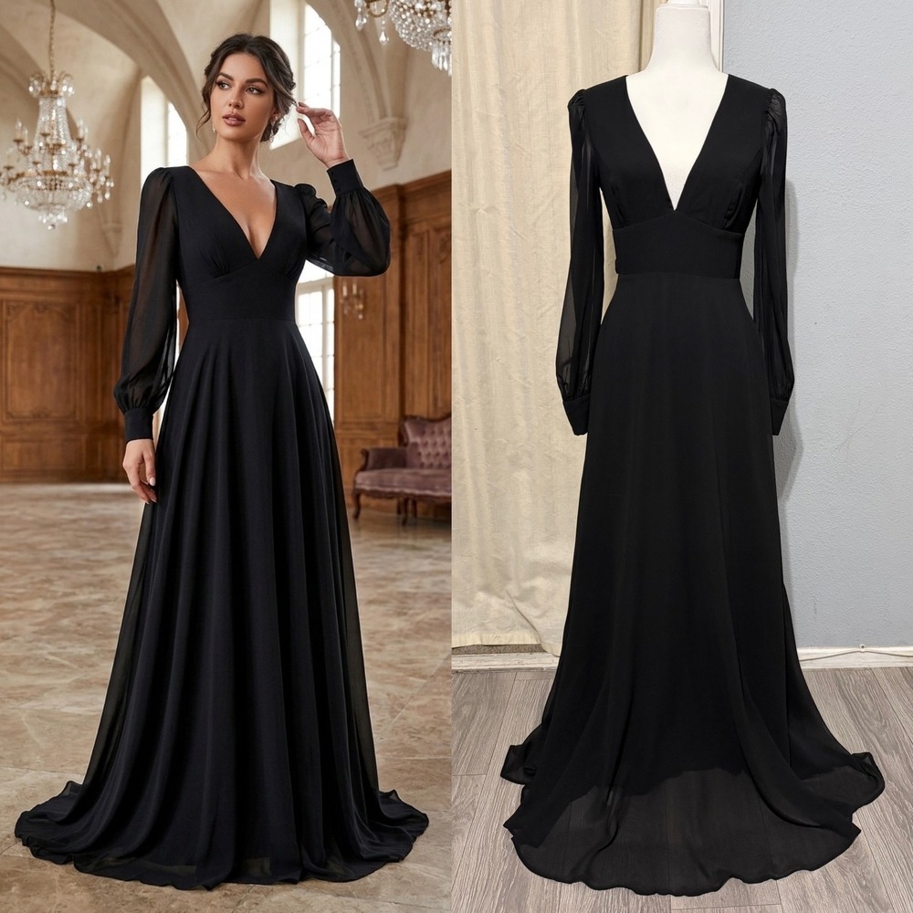Lulus Black Maxi Dress Small V-Neck Sheer Long Sleeve Open Back Gown Prom
